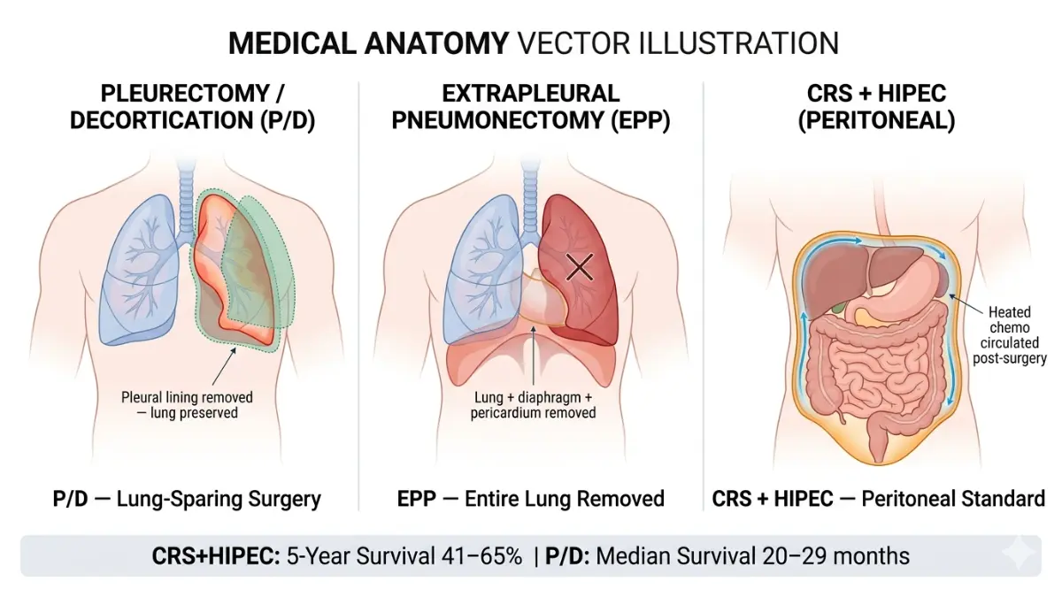 Mesothelioma Treatment surgery types diagram showing pleurectomy decortication EPP and CRS HIPEC anatomy comparison
