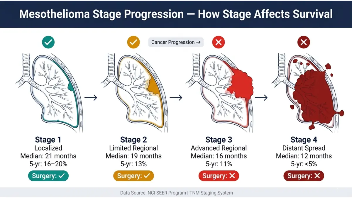 Mesothelioma Survival Rate by stage progression showing tumor spread from stage 1 to stage 4 with survival decline