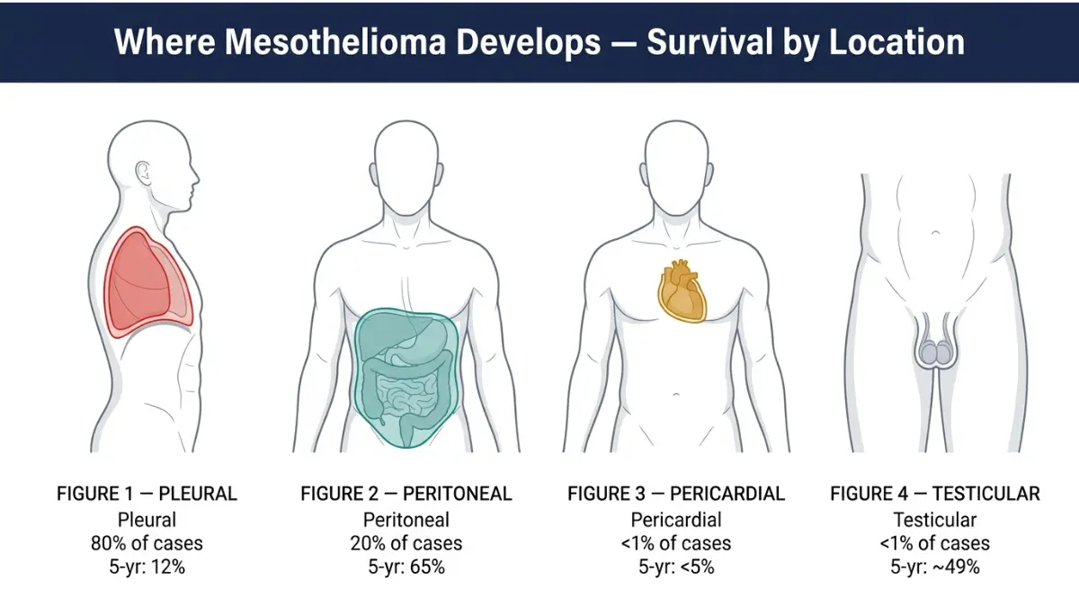 Mesothelioma Survival Rate by type showing pleural peritoneal pericardial and testicular anatomy with survival percentages