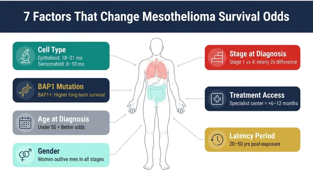 Mesothelioma Survival Rate factors diagram showing 7 key elements including stage treatment access and cell type
