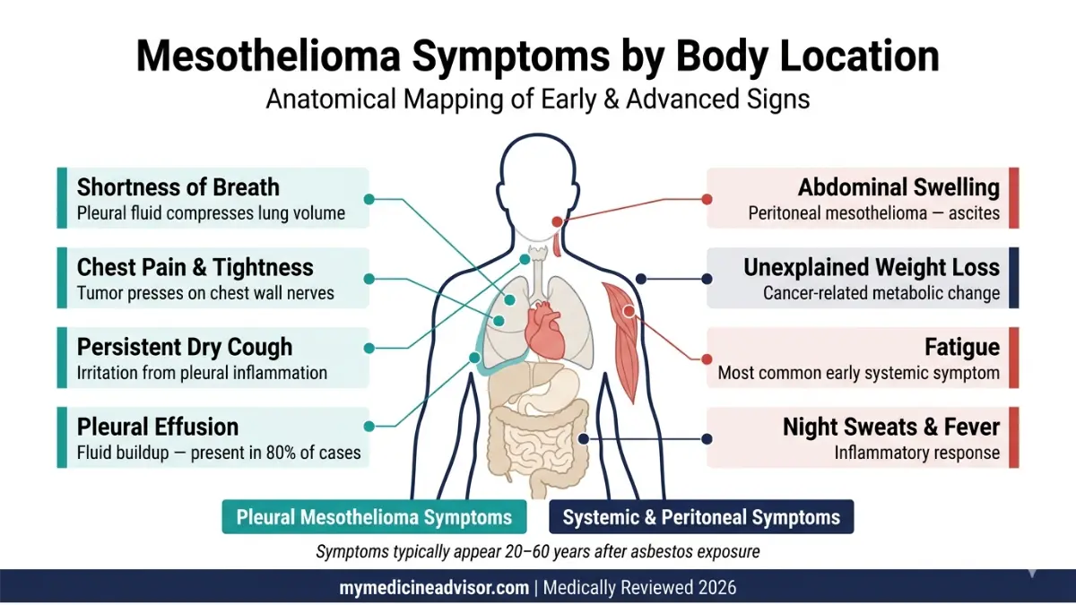 Mesothelioma symptoms mapped on human body showing chest pain shortness of breath abdominal swelling fatigue and systemic signs Mesothelioma