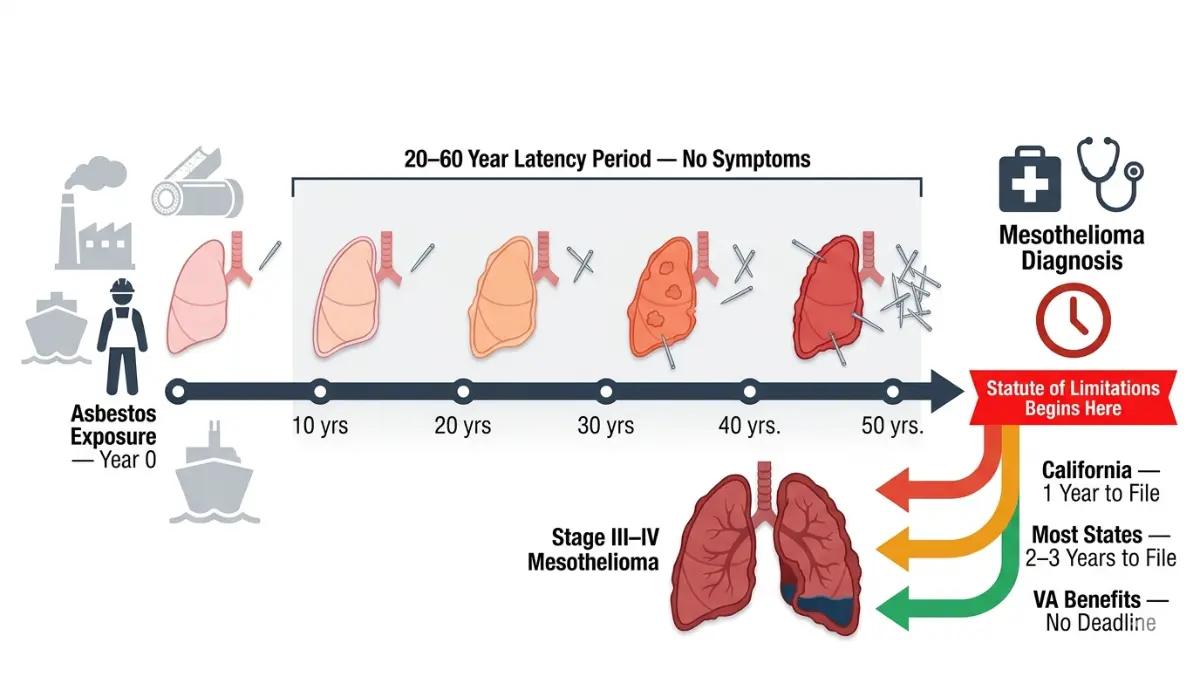 mesothelioma lawsuit timeline diagram showing asbestos exposure latency period progression to diagnosis and statute of limitations deadlines