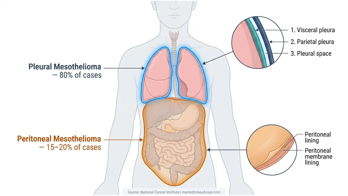 mesothelioma lawsuit human torso anatomy diagram showing pleural mesothelioma in lung lining and peritoneal mesothelioma in abdominal lining with percentage distribution