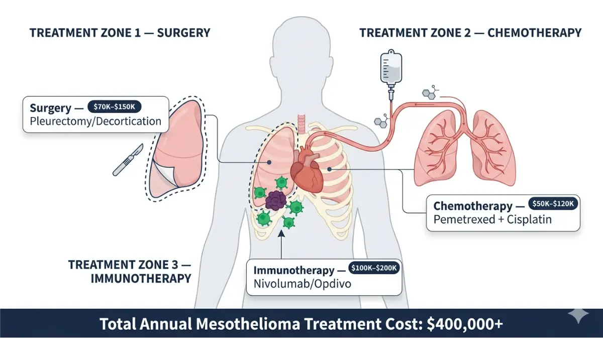 mesothelioma lawsuit anatomy illustration showing surgery chemotherapy and immunotherapy treatment zones with cost breakdown on human torso