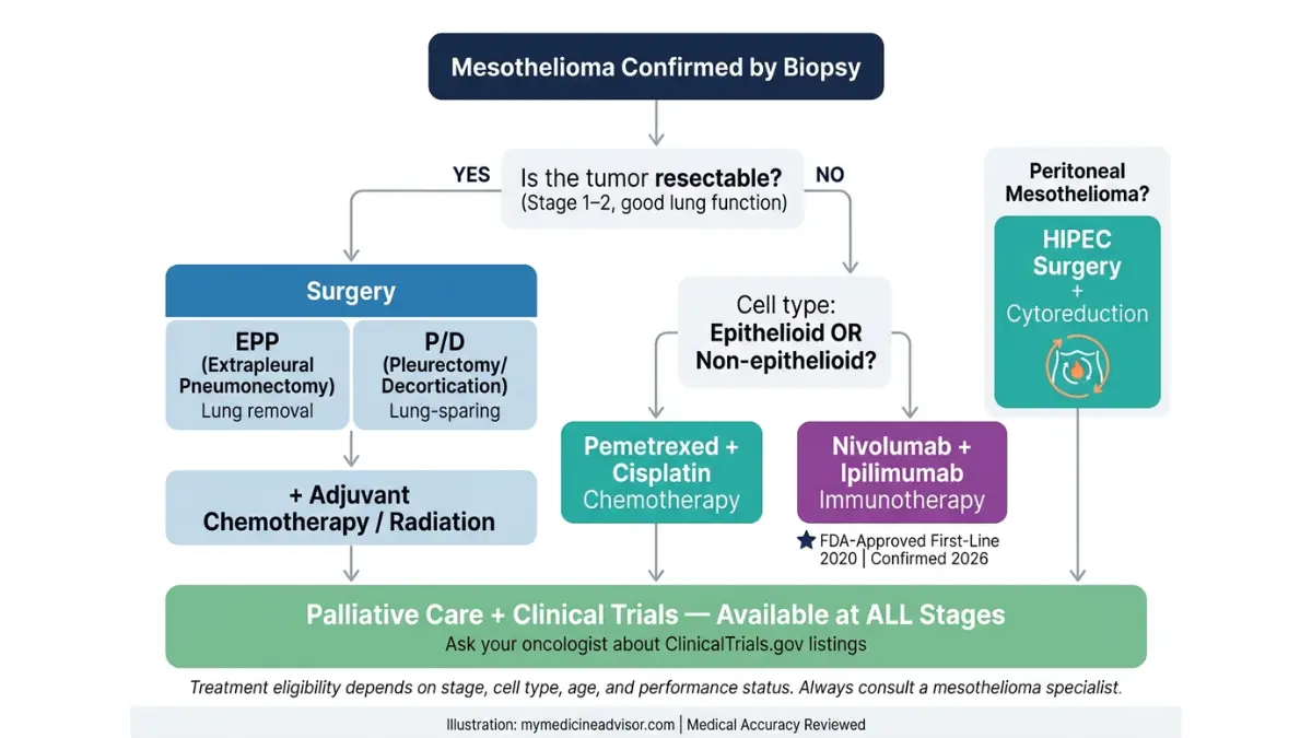 Mesothelioma treatment flowchart showing surgery, chemotherapy, immunotherapy, and palliative care options