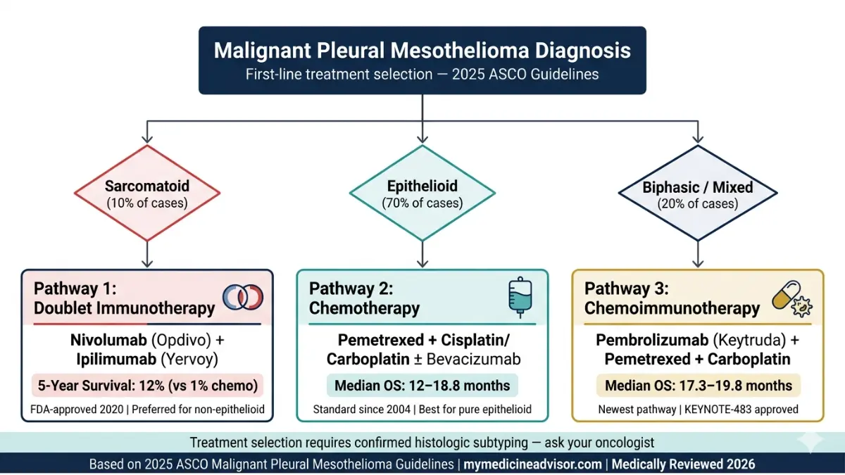 Mesothelioma treatment decision tree showing ASCO guideline pathways based on histology epithelioid sarcomatoid and biphasic Mesothelioma