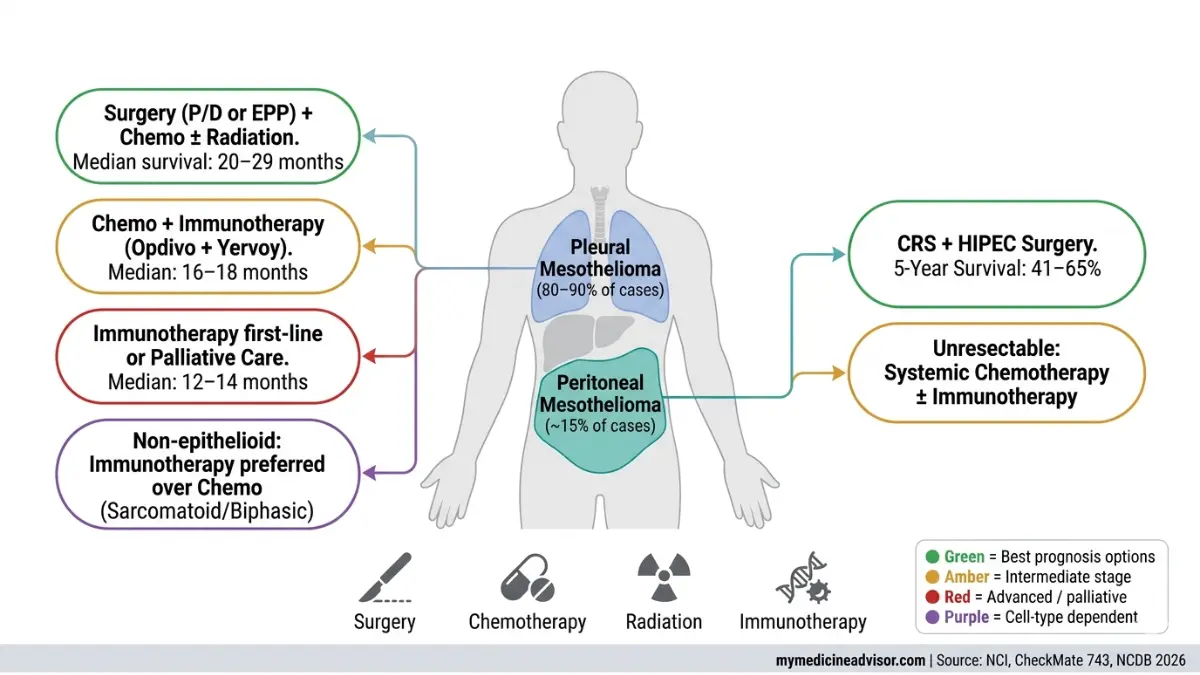 Mesothelioma Treatment decision guide diagram showing surgery chemotherapy radiation and immunotherapy by stage and type 2026