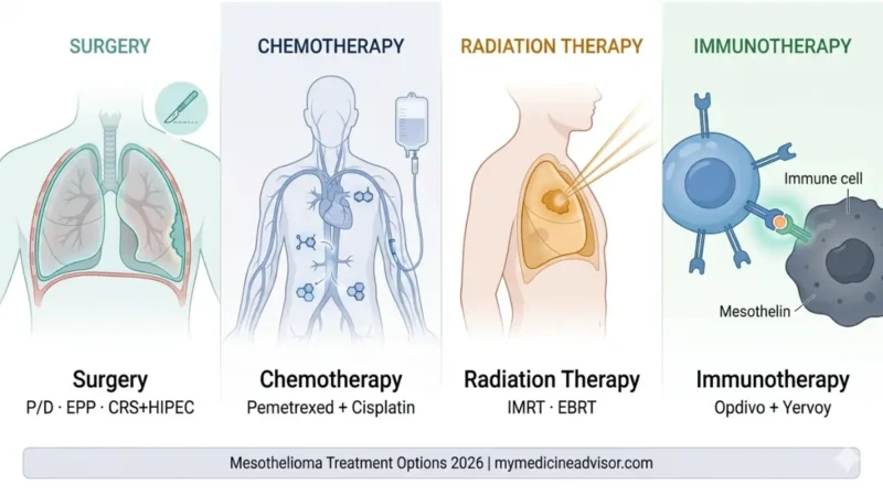 Mesothelioma Treatment options diagram showing surgery chemotherapy radiation and immunotherapy in mesothelioma treatment 2026
