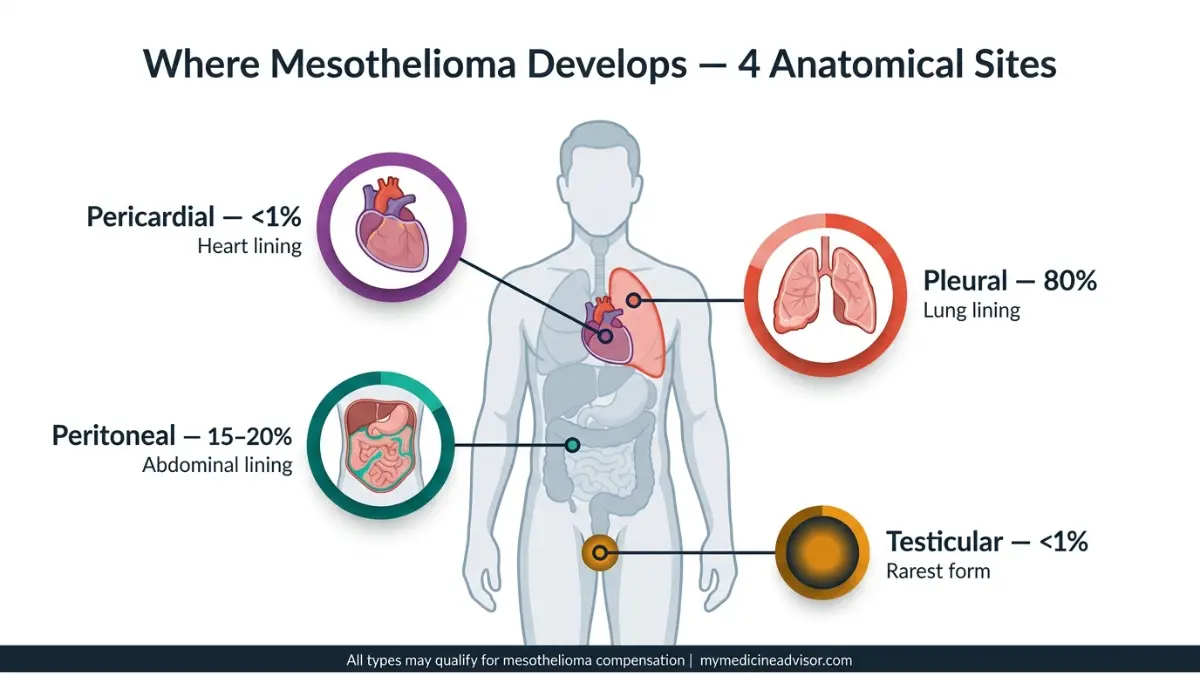 Mesothelioma Settlements guide showing four anatomical types pleural peritoneal pericardial and testicular locations in body