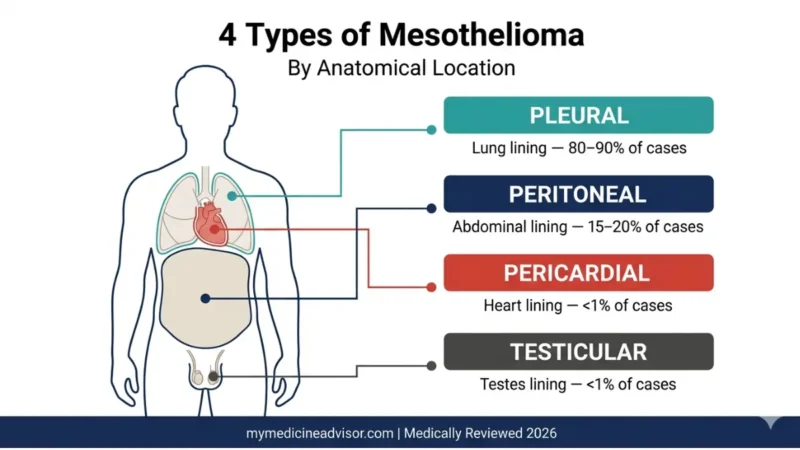 Mesothelioma anatomy diagram showing pleural peritoneal pericardial and testicular types with labeled body locations Mesothelioma