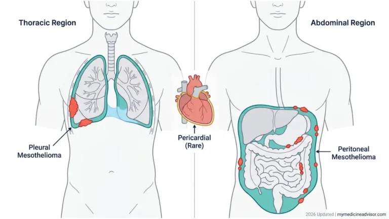 Mesothelioma symptoms showing pleural peritoneal and pericardial mesothelioma anatomy diagram with tumor growth and fluid buildup
