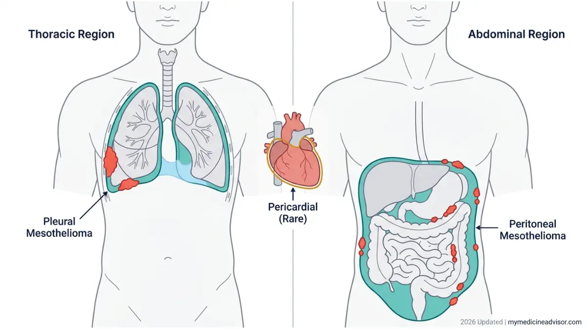 Mesothelioma symptoms showing pleural peritoneal and pericardial mesothelioma anatomy diagram with tumor growth and fluid buildup