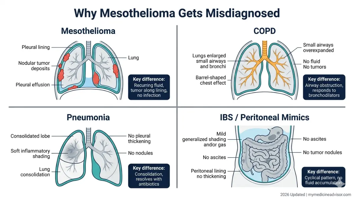 Mesothelioma symptoms compared with COPD pneumonia and IBS showing key anatomical differences and misdiagnosis patterns