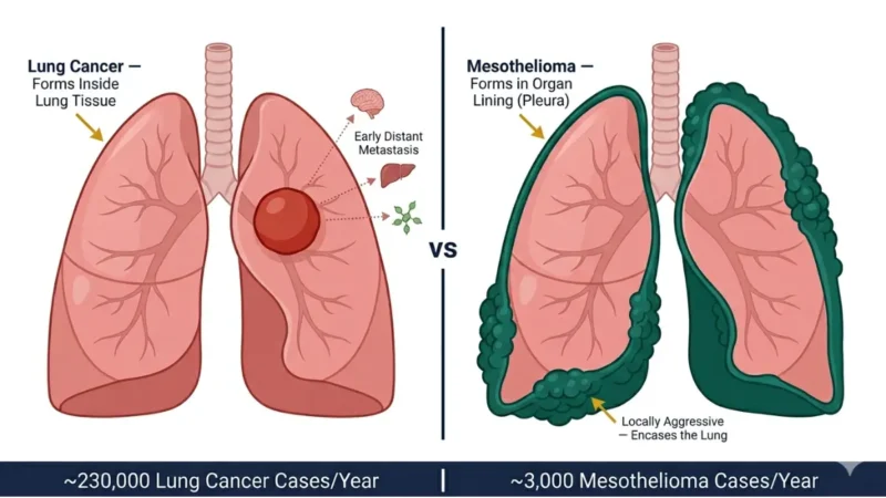 Mesothelioma vs Lung Cancer anatomy comparison showing tumor inside lung vs pleural lining disease