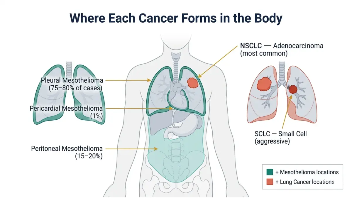 Mesothelioma vs Lung Cancer body location diagram showing pleura abdomen heart lining vs lung tumors