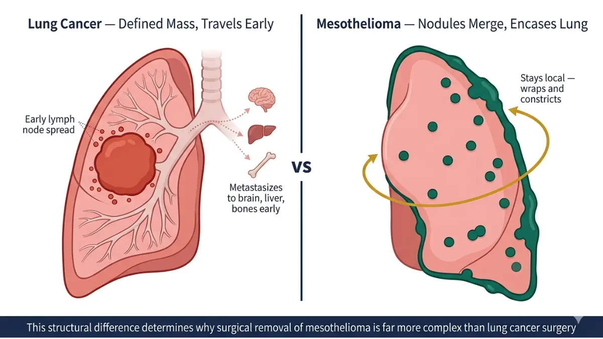 Mesothelioma vs Lung Cancer growth pattern showing nodules wrapping lung vs solid tumor spreading early