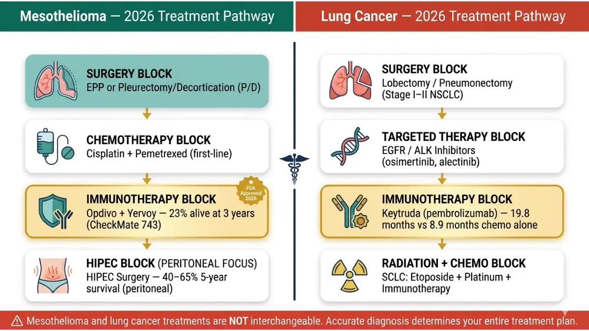 Mesothelioma vs Lung Cancer treatment pathways 2026 showing surgery chemo immunotherapy and targeted therapy