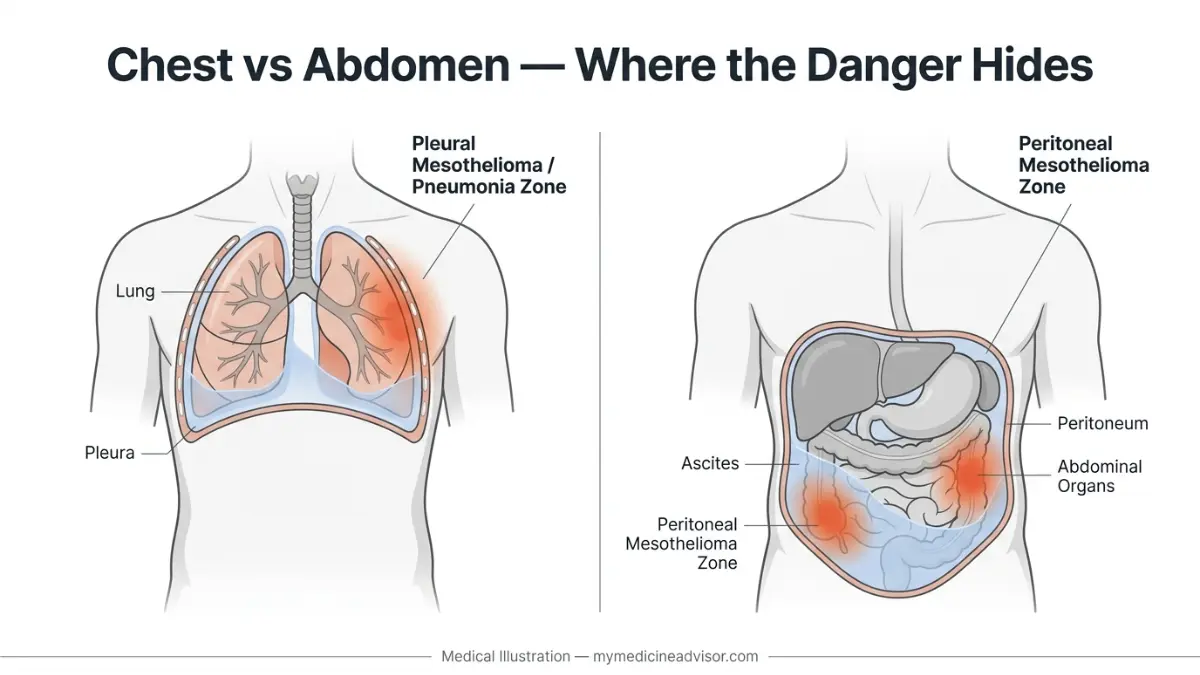 Pneumonia vs mesothelioma anatomy diagram showing chest pleural effusion and abdominal ascites comparison