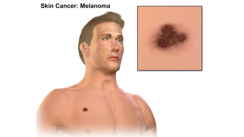 Mohs surgery for melanoma — medical vector illustration showing melanoma skin cancer anatomy and melanocyte cells in the basal layer