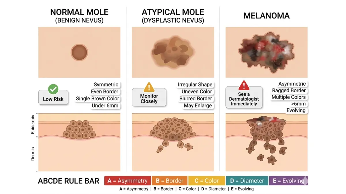 What Causes Melanoma — comparison of normal mole atypical nevus and melanoma using ABCDE rule skin anatomy diagram