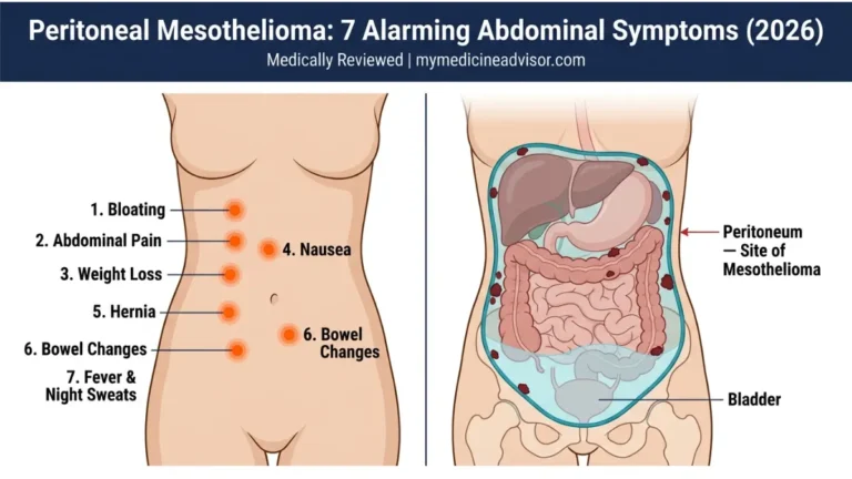 Peritoneal Mesothelioma anatomy diagram showing 7 abdominal symptoms including bloating pain ascites tumor nodules and peritoneum involvement