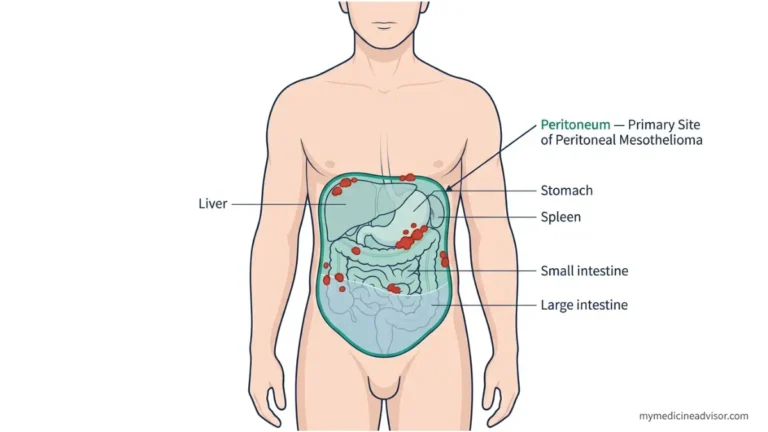 Peritoneal Mesothelioma anatomy diagram showing peritoneal lining tumor nodules and ascites in abdominal cavity