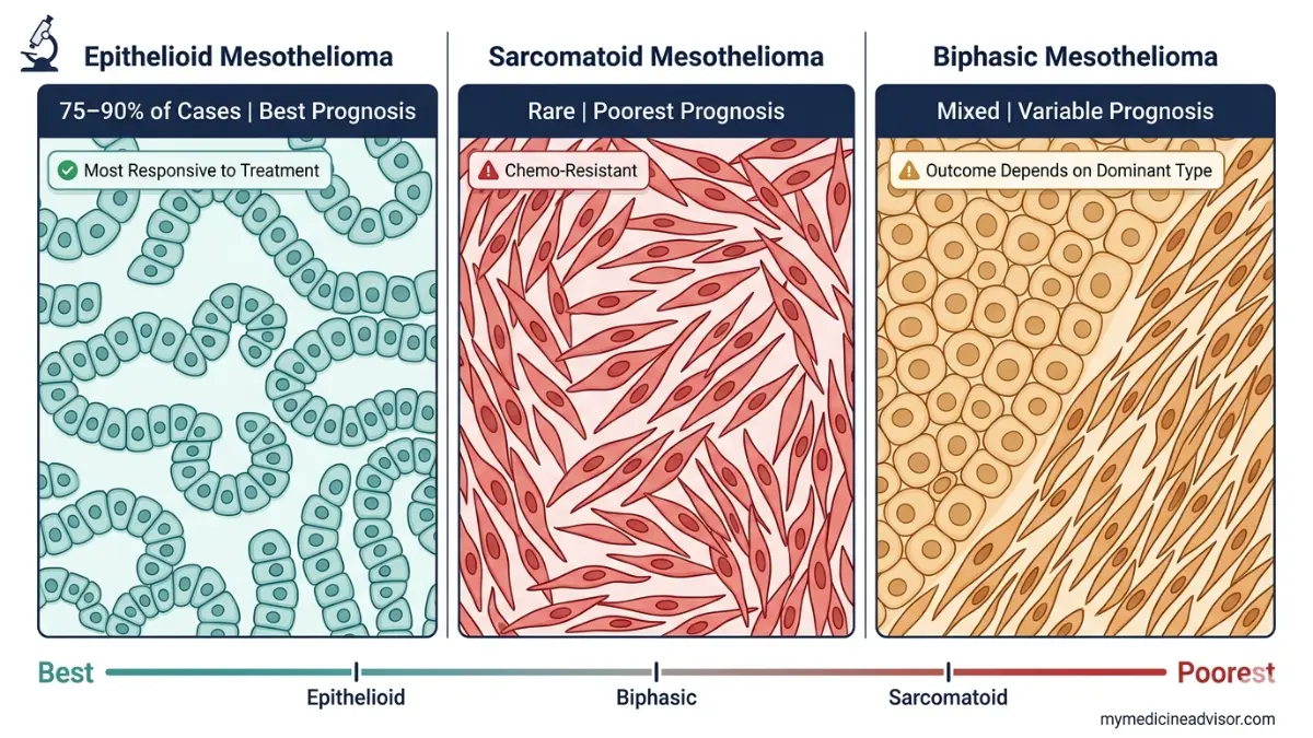 Peritoneal Mesothelioma cell types diagram comparing epithelioid sarcomatoid and biphasic histology patterns