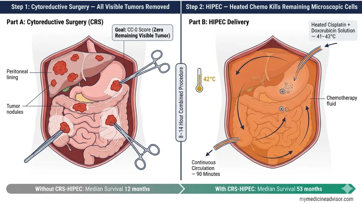 Peritoneal Mesothelioma CRS HIPEC procedure diagram showing tumor removal and heated chemotherapy treatment