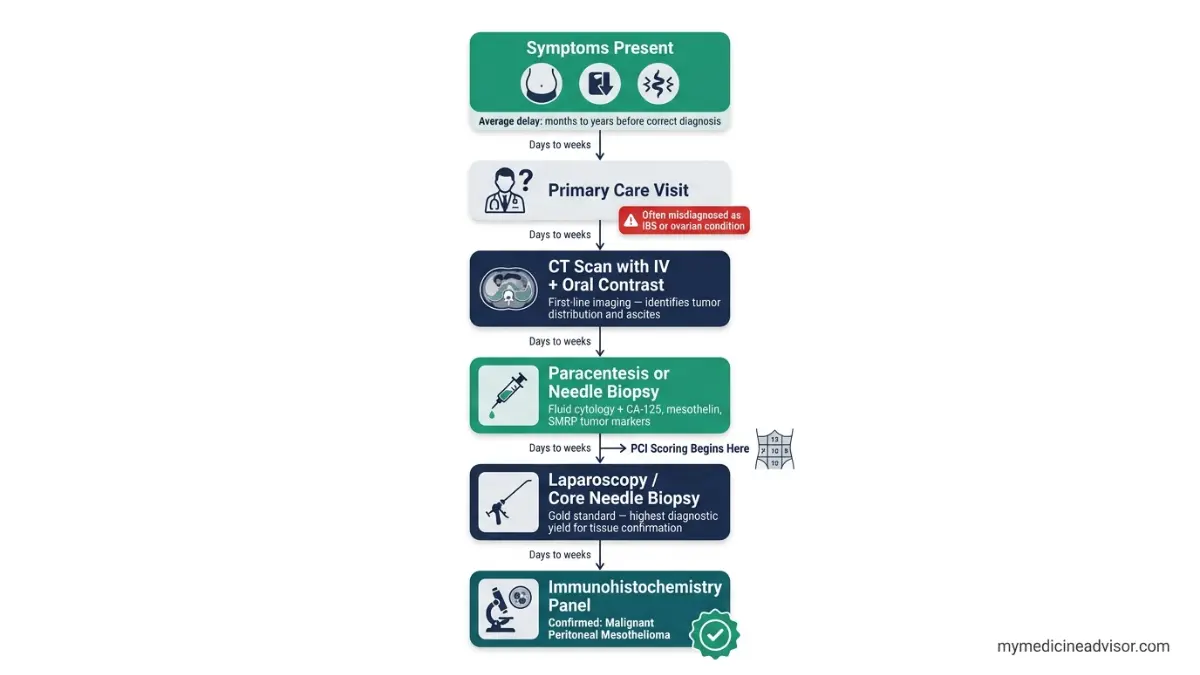 Peritoneal Mesothelioma diagnosis pathway diagram from symptoms to CT scan biopsy and confirmed diagnosis