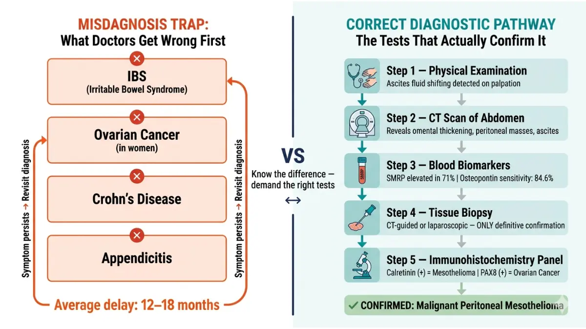 Peritoneal Mesothelioma diagnosis pathway showing CT scan biopsy biomarkers and common misdiagnosis conditions like IBS ovarian cancer