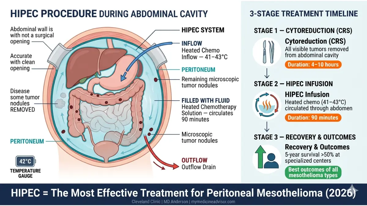 Peritoneal Mesothelioma HIPEC treatment diagram showing heated chemotherapy circulation abdominal cavity cytoreduction surgery and tumor removal