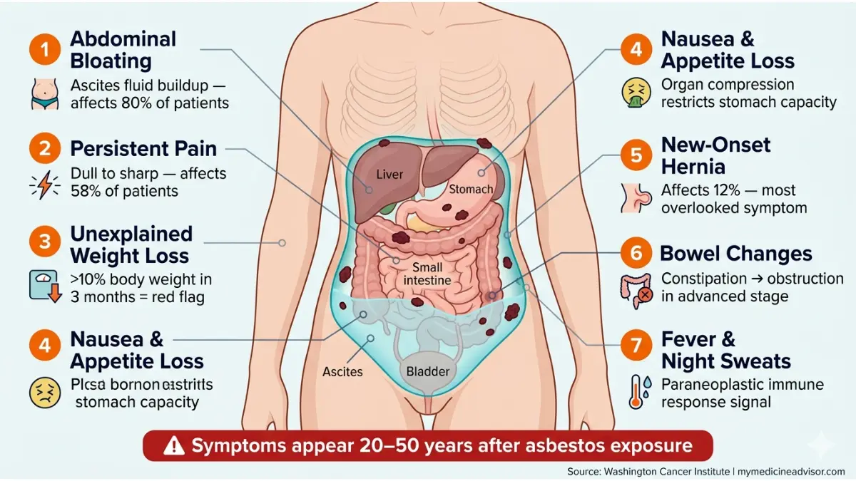Peritoneal Mesothelioma symptoms infographic showing abdominal bloating pain weight loss nausea hernia bowel changes and fever with anatomy