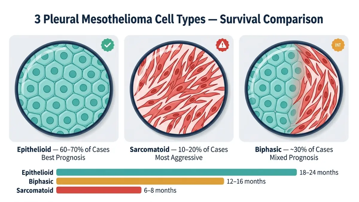 Pleural mesothelioma cell types comparison showing epithelioid, sarcomatoid, and biphasic cells with survival differences