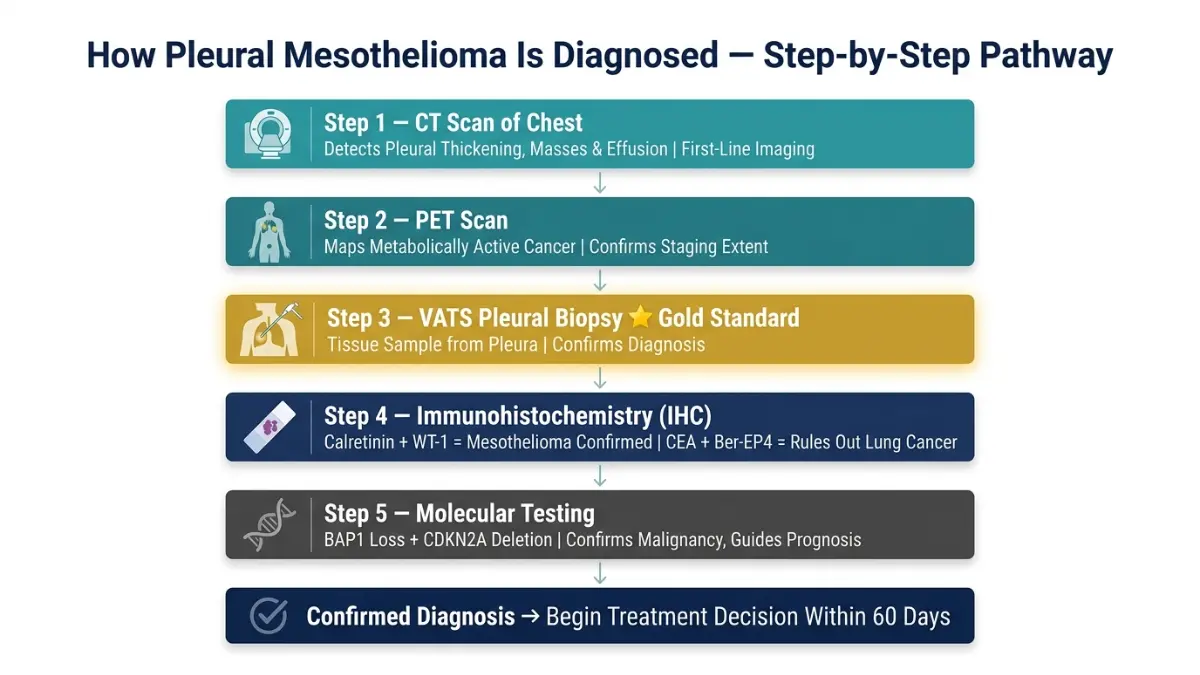 Pleural mesothelioma diagnosis pathway showing CT scan PET scan biopsy immunohistochemistry and molecular testing steps