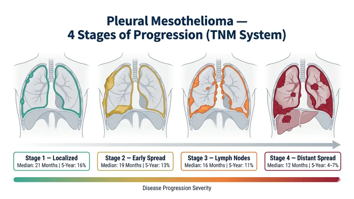 Pleural mesothelioma stages diagram showing stage 1 to stage 4 progression with tumor spread and survival rates