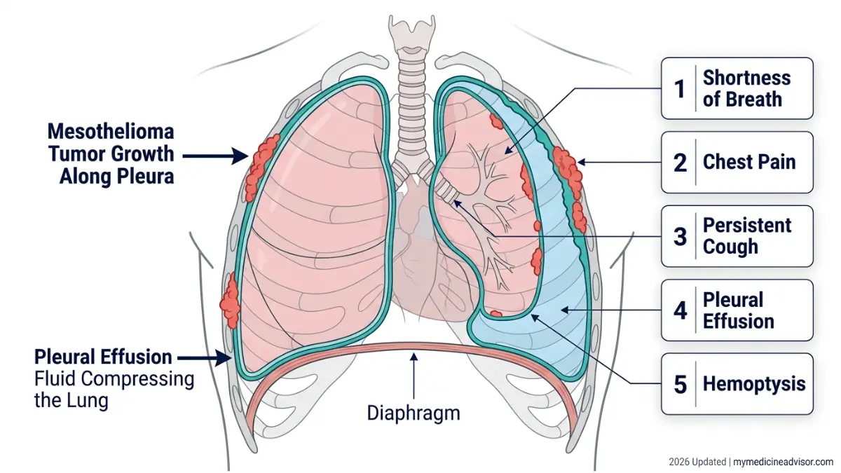 Mesothelioma symptoms diagram showing pleural effusion fluid compressing lung with tumor growth along pleura and symptom mapping