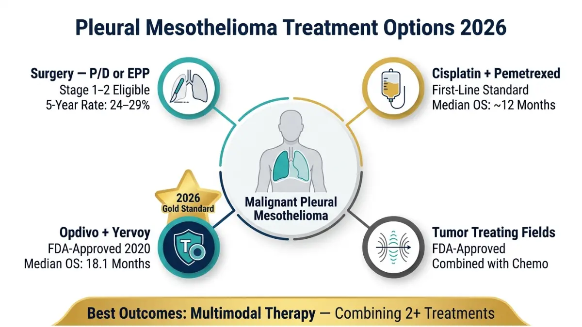 Pleural mesothelioma treatment options diagram showing surgery chemotherapy immunotherapy and tumor treating fields