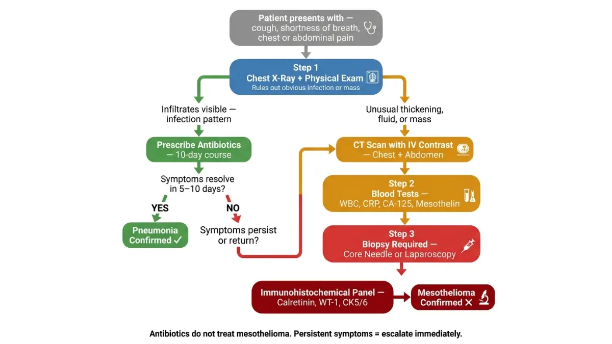 Pneumonia diagnostic flowchart versus mesothelioma testing pathway showing antibiotics response and biopsy steps