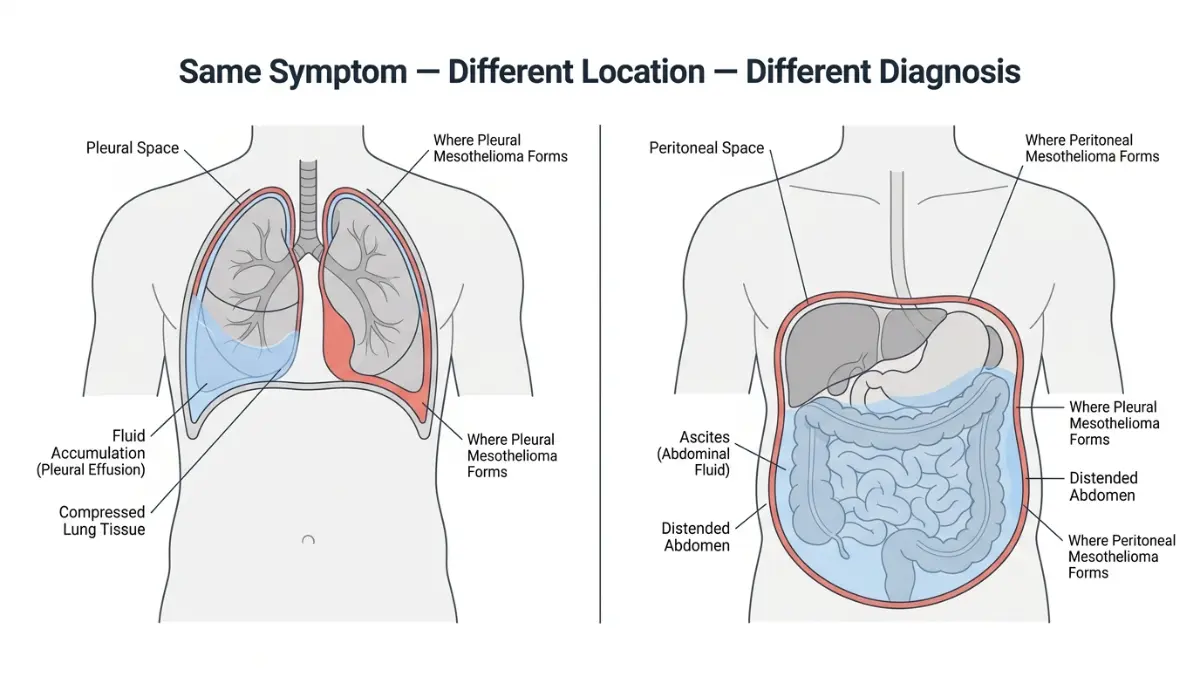 Pneumonia vs mesothelioma cross section showing pleural effusion in lungs and ascites fluid in abdomen