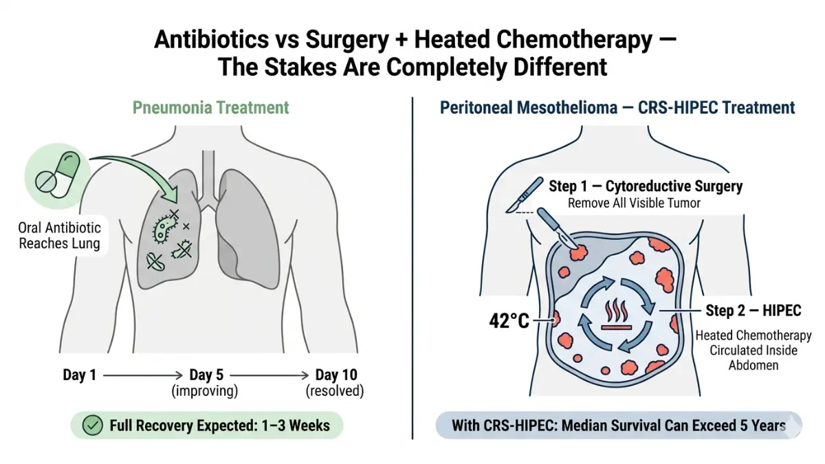 Pneumonia treatment vs mesothelioma treatment showing antibiotics recovery and CRS HIPEC surgery comparison
