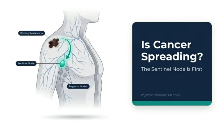 Sentinel Lymph Node Biopsy diagram showing melanoma tumor and lymphatic pathway to sentinel lymph node in human anatomy