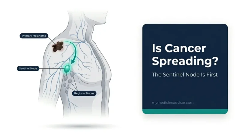 Sentinel Lymph Node Biopsy diagram showing melanoma tumor and lymphatic pathway to sentinel lymph node in human anatomy