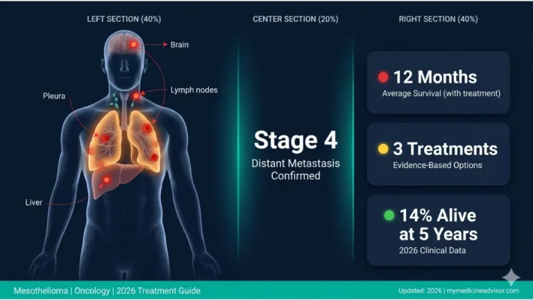 Stage 4 Mesothelioma anatomy diagram showing pleural cancer spread to liver, brain and lymph nodes with 2026 survival data