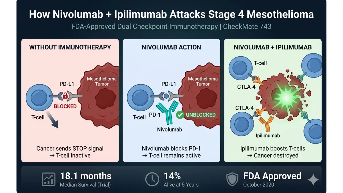 Stage 4 Mesothelioma immunotherapy mechanism diagram showing how nivolumab and ipilimumab activate T cells to kill cancer