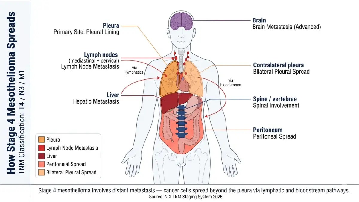 Stage 4 Mesothelioma full body diagram showing metastasis pathways to liver brain lymph nodes and peritoneum