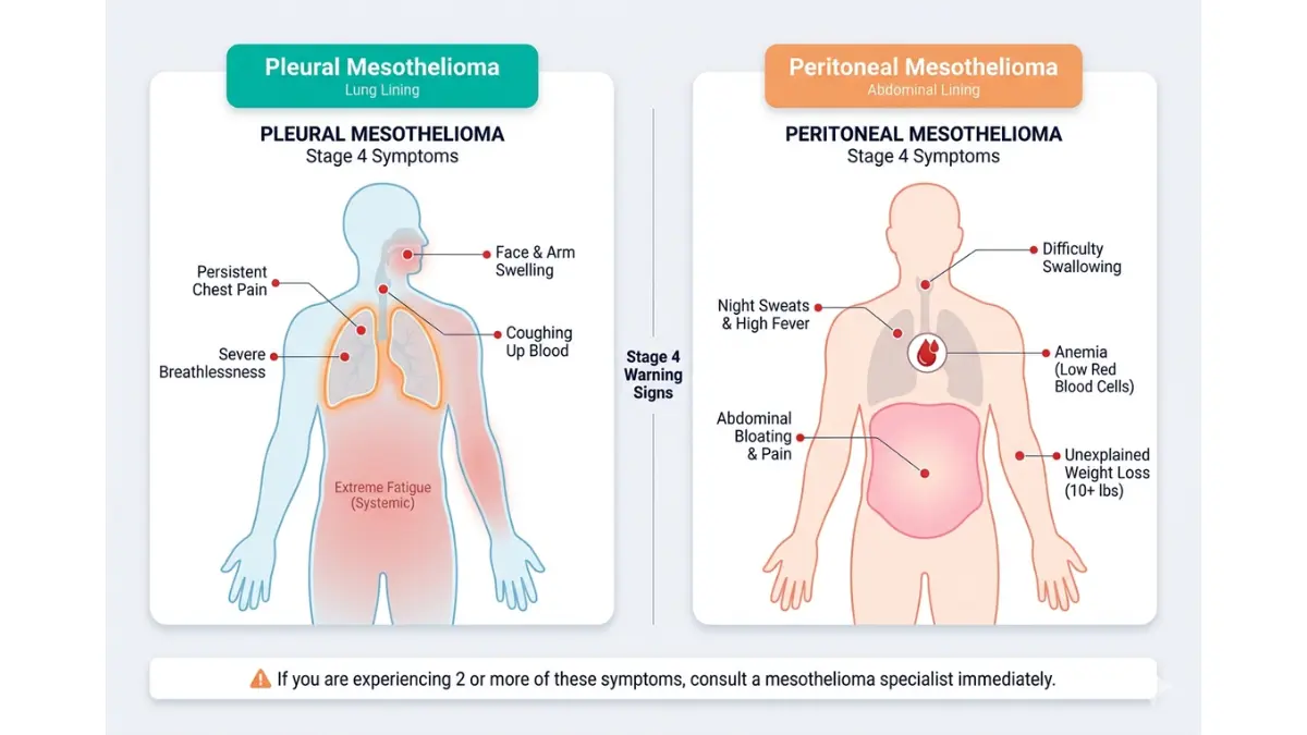 Stage 4 Mesothelioma symptoms comparison diagram showing pleural and peritoneal warning signs on human body