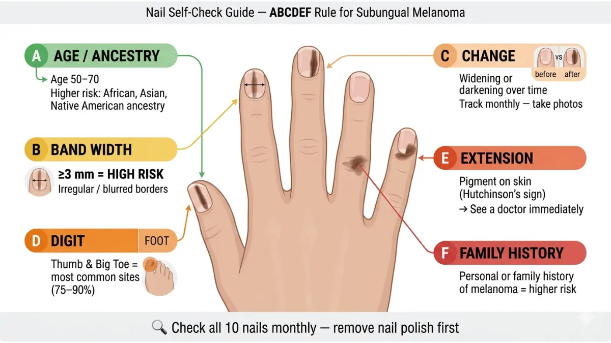 Subungual Melanoma ABCDEF nail self-examination guide showing warning signs and risk factors on hand diagram