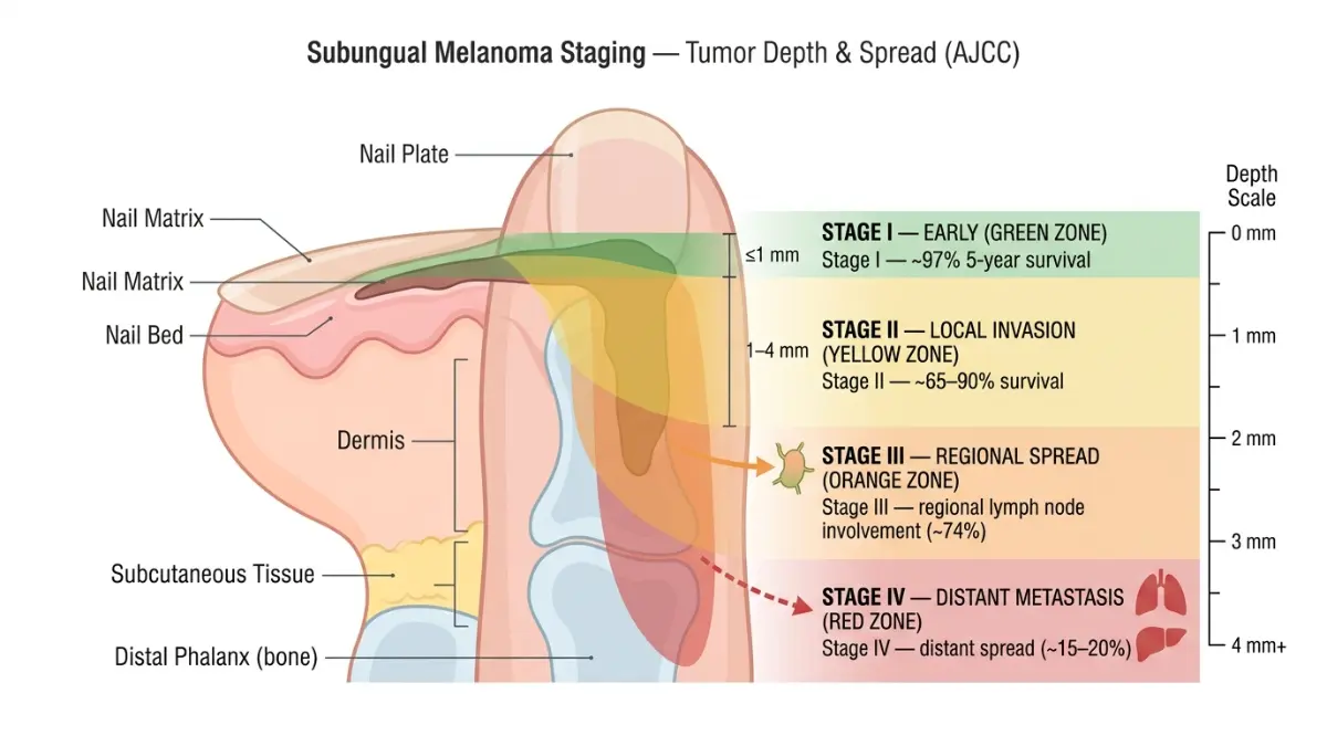 Subungual Melanoma staging diagram showing tumor depth progression from nail matrix to lymph nodes and distant organs