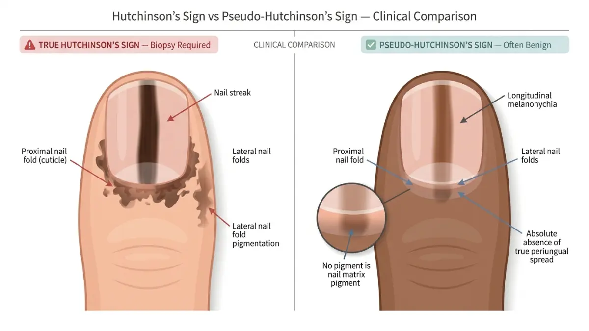 Subungual Melanoma Hutchinson's sign vs pseudo-Hutchinson's sign comparison showing true skin pigmentation versus benign nail matrix visibility