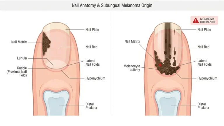 Subungual Melanoma anatomy diagram showing nail matrix origin and pigmented streak development in nail cross-section
